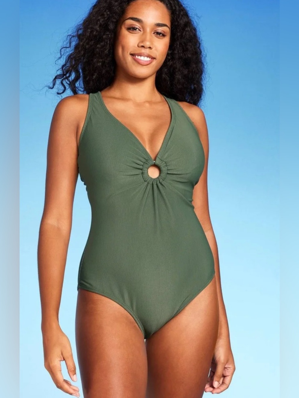 Olive Green One-Piece Swimsuit with Ring Detail